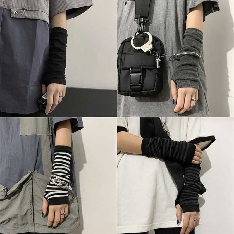 Fingerless Glove Knit - Striped Warmer Knitted Long Fingerless Gloves